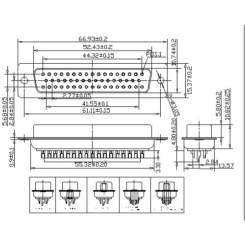 DB02-F50XXXX D-SUB Female Three Row 50 Pin(Pitch=2.77mm)Solder Type(stamped Pin) 