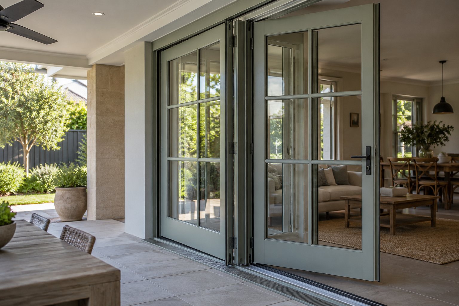 Illustrative French-style bifold panel hardware and exterior sill Close view of divided-light folding door panels, hinges and patio threshold