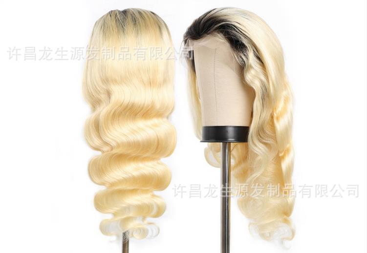 Top Quality Blonde Human Hair Lace Front Wig  Ombre Colo Blonde#613 With Black Dark Root, 100% Virgin Hair Human Hair Wigs