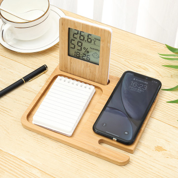 Bamboo Desk Clock with Day, Date, and Wireless Charger for iPhone