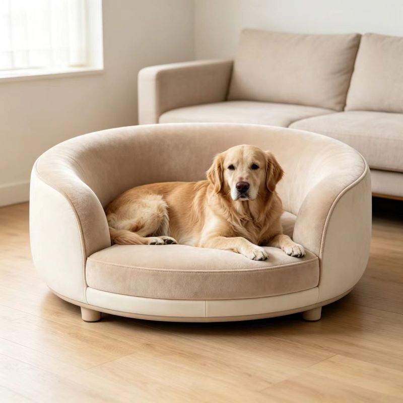 Round Curved Pet Sofa Bed with Wooden Legs, Two-tone Velvet Bolster Dog Bed, Low Entry Enclosed Pet Couch, Removable Washable Co