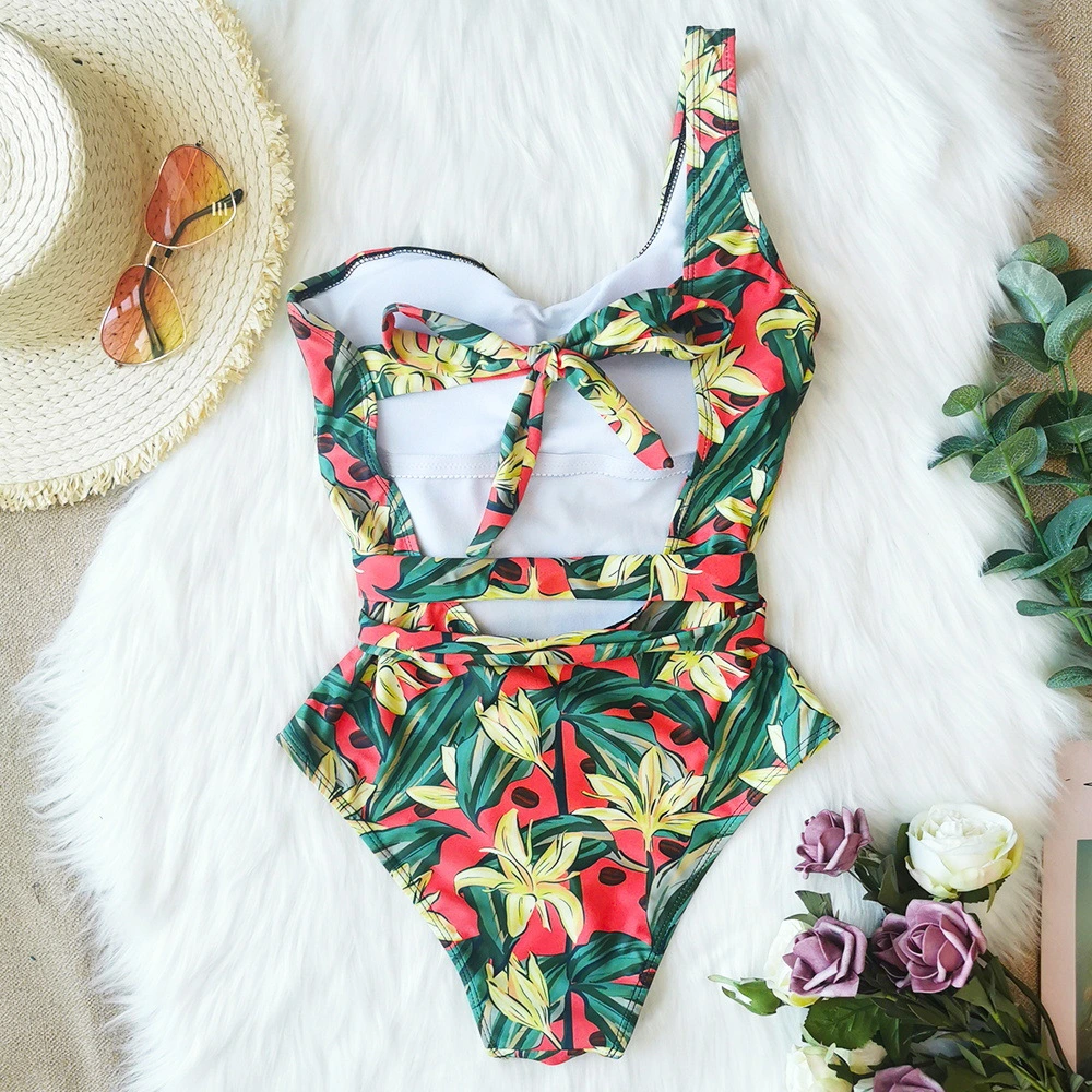 2021 New One-Shoulder Printed Floral One-Piece Swimsuit Strappy Swimsuit Women