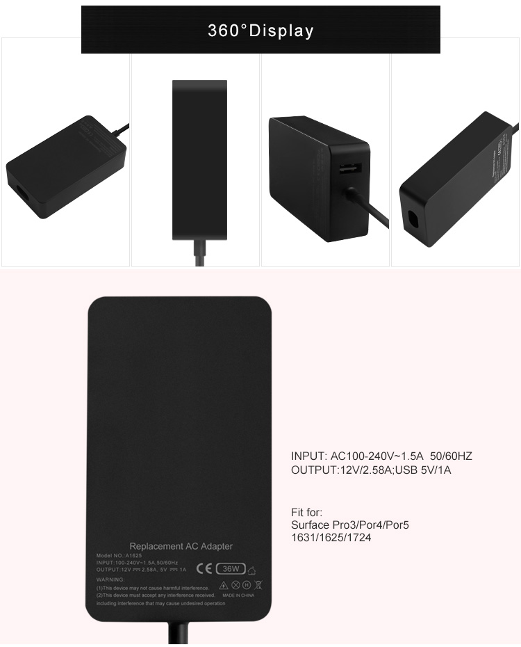 36w microsoft laptop charger with 5v 1a usb