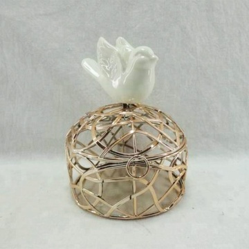 Vintage White Birdcage Table Centerpiece with Ceramic Bird Decor