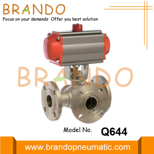 Válvula esférica flangeada pneumática de 3 vias em aço inoxidável