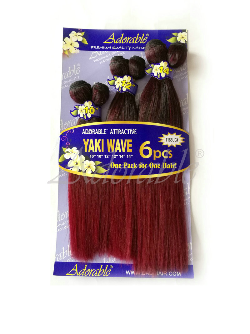 Adorable two tone 1bbug red color silk straight yaki wave 6pcs ombre hair,afro straight synthetic pony hair weave with package