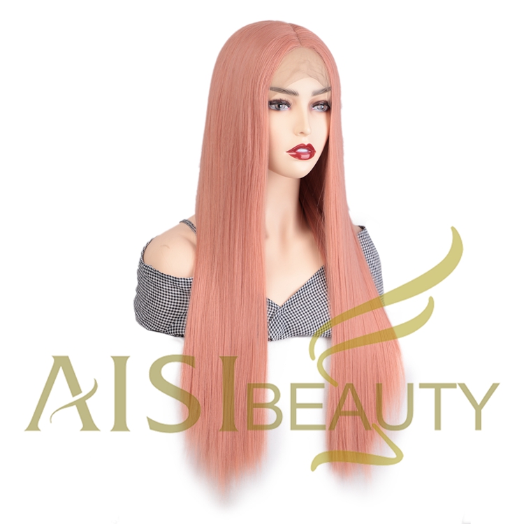 Aisi Beauty Hot Selling Wholesale Long Silky Straight Pink Pre Plucked Middle Part Synthetic Hair For Black Women Lace Front Wig