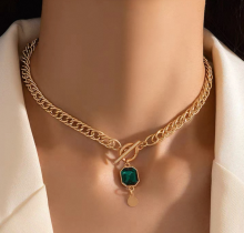 Emerald Zircon Titanium OT Clasp Square Pendant Necklace
