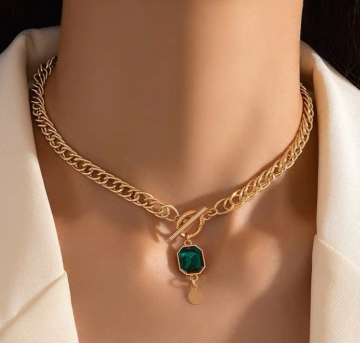 Emerald Zircon Titanium OT Clasp Square Pendant Necklace