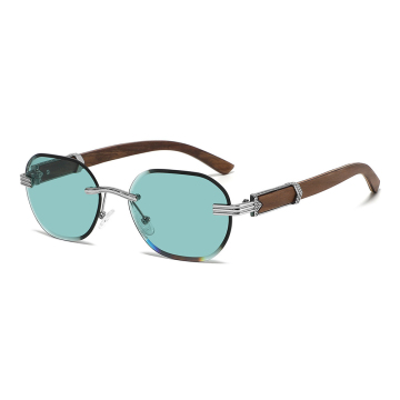 Oval Rimless Metal Wooden Sunglasses