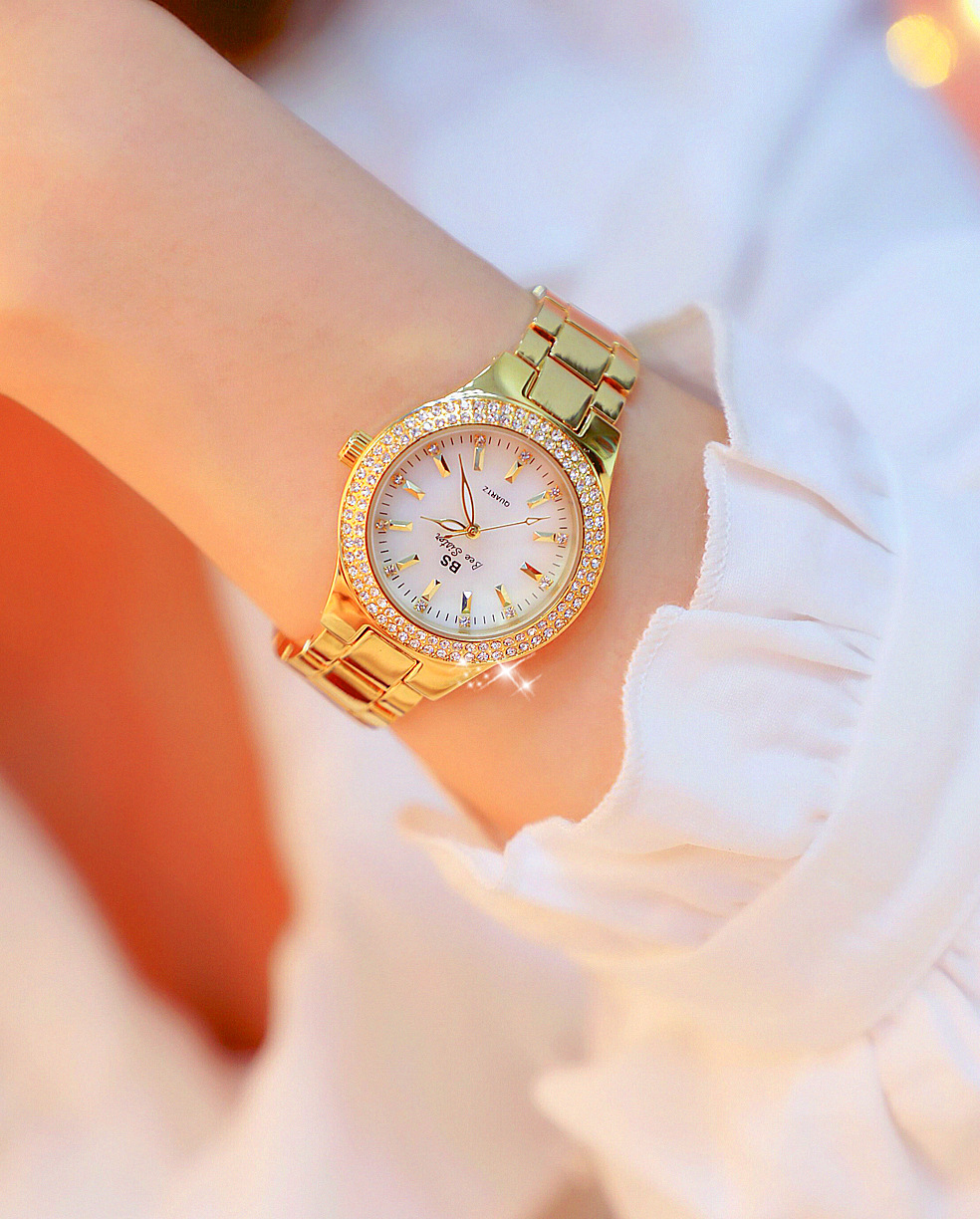 BS Watch 1258 Ladies Top Brand Luxury Wrist Watches Dress Gold Women Crystal Diamond Stainless Steel Watch