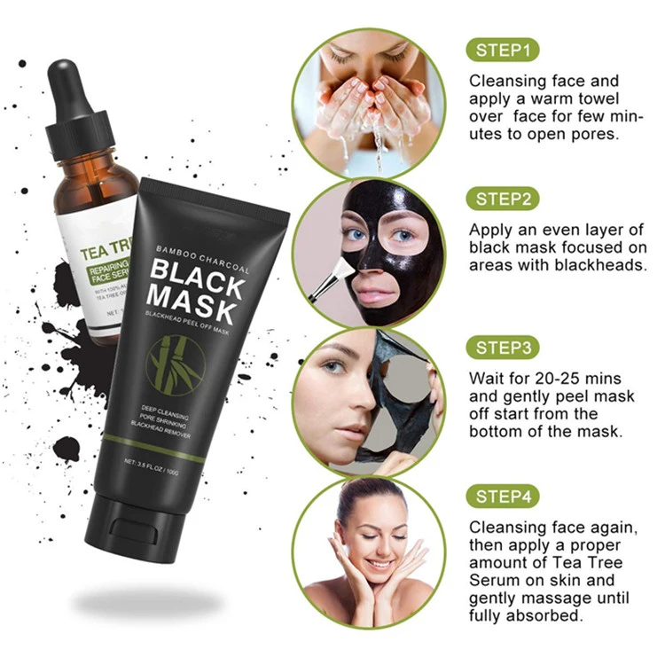 OEM Deep Cleansing Blackhead Peel off Charcoal Face Mask with 3-in-1 Blackhead Remover Mask with Brush & Tea Tree Serum