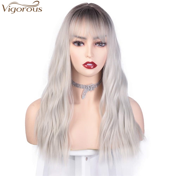 Vigorous Long Wavy Wig With Flat Bangs 100% Heat Resistant Synthetic Sliver Gray Wig Natural Looking Machine Made Wigs For Women