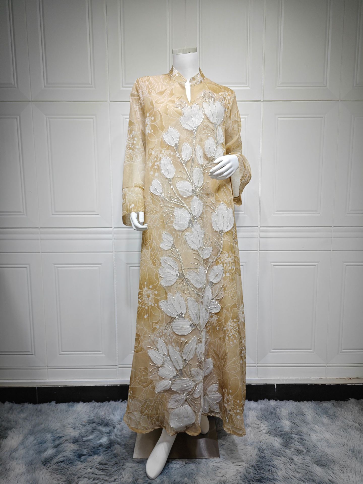 لباس گلدار Abaya Jalabiya برای زنان AB565 (4) Floral Applique Abaya Jalabiya Dress for Women AB565 (4)
