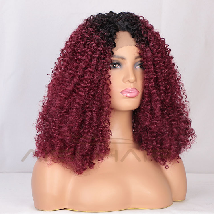 Aisi Hair Medium Long Afro Kinky Curly Wig Cosplay Ombre Red Swiss Lace Synthetic Wig Lace Frontal Hair Wigs For Black Women