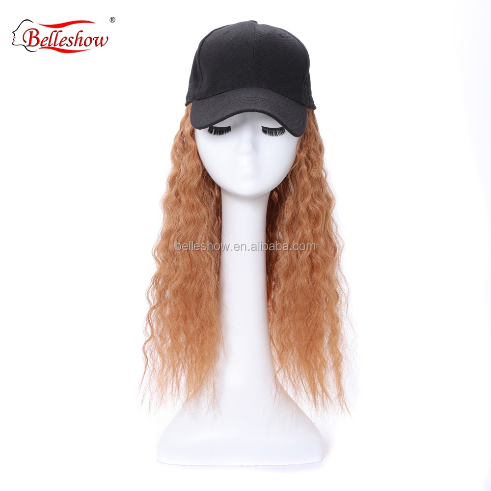 Hot sell synthetic hair and human hair black basketball hat Light brown wool roll hat wig  long curly wig