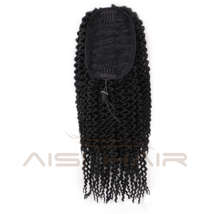 Aisi Hair Afro Kinky Synthetic Fiber Ponytail Hair Extension Pieces Wrap Drawstring Short Black Kinky Curly Synthetic Ponytails