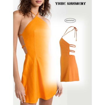 Frauen -Leinenmisch -Sommer -Open -Rücken -Mini -Kleid