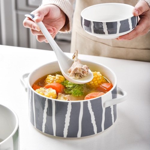 Moderne aangepaste ramen bowl porseleinen soepkom set keramische pan met handgrepen blauw en groen