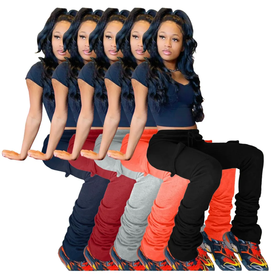 2021 Factory Wholesale Sweater Solid Color Drawstring Spring Womens Trousers Stacked Casual Pants