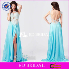 NS930 2014 Latest Sexy Backless Lace Top Turquoise Blue Evening Dresses