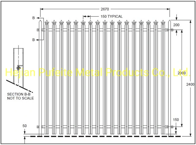 Hot Dipped Galvanized 2.4m Triple Point Spear Straight Top W Pale Palisade Security Fencing