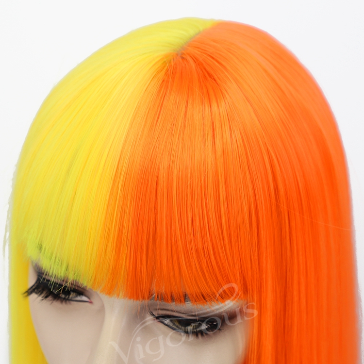 Colorful Cosplay Half Yellow And Orang Short Bob with Bangs Synthetic Wig Glueless Heat Resistant Hair None Lace Wig Top Sell