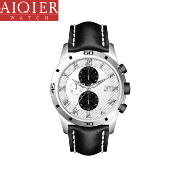 Leather strap chronograph analog quartz sports watch