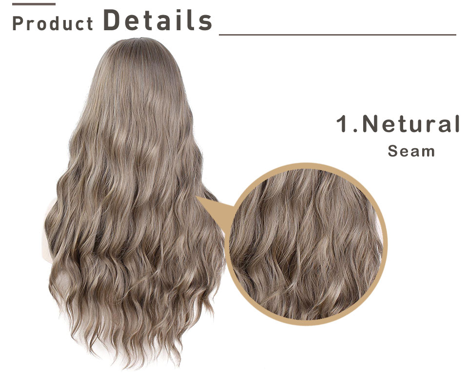 Vigorous Synthetic Long Gray Wigs with Bangs Water Wave Heat Resistant Black Brown Pink Purple Cosplay Wigs for Women