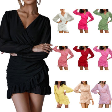 Ruffle Hem V-neck Casual Mini Dresses