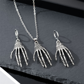 Vintage Gothic Silver Plated Skeleton Hand Bone Earring and Necklace Jewelry Set for Women