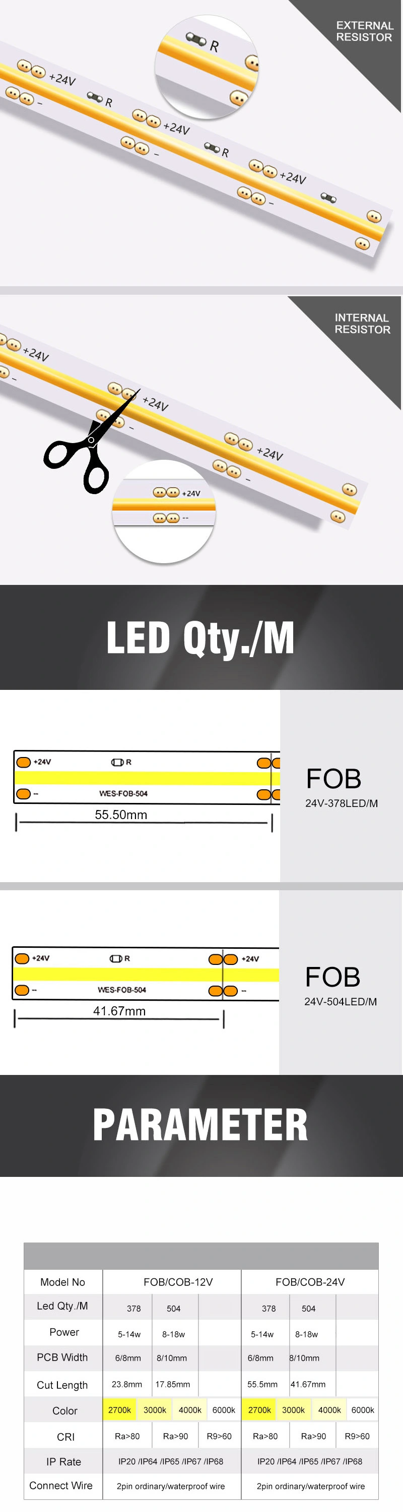 Tiras CE RoHS Certificate Epistar Chip 360 COB LED 5m Flexible Low Voltage Strip Light