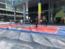 Interlocking floor court tiles for outdoor pickleball court