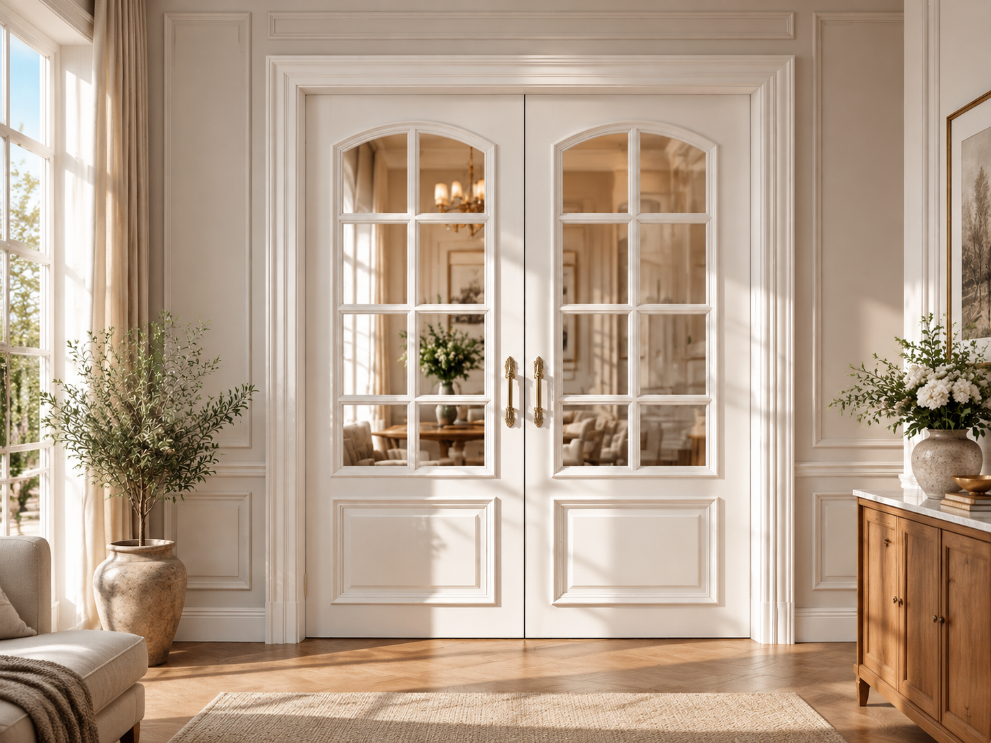 Puerta de madera blanca de doble bisagra estilo francés con paneles de vidrio divididos