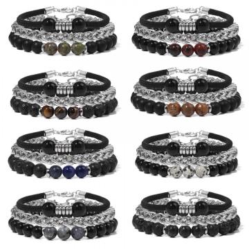 3Pcs a Set 8mm Gemstone Round Beads Bracelet Stainless Steel Bracelet Leather Cord Bracelet for Men Women