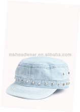 2014 Wholesale Custom Fashion Studded Denim Military Flat Peak Cap