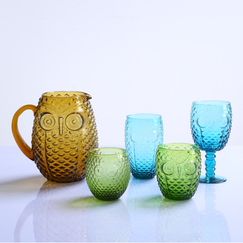 Colored Owl Blown Glassware Set