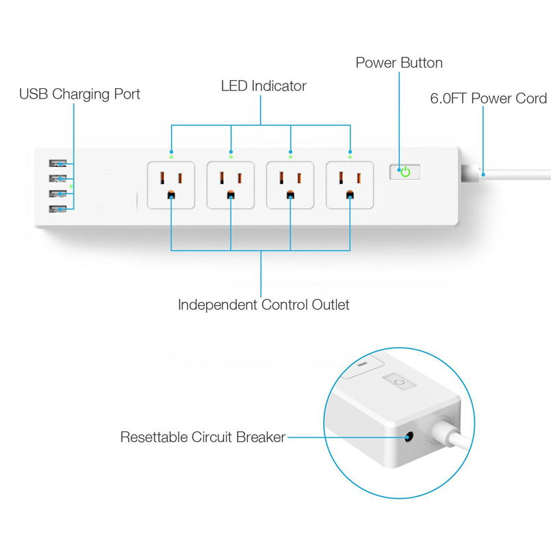 4 Outlet 4 Charging Port Extension Cord Power Strip Wifi Power Strip Smart Power Strip With USB