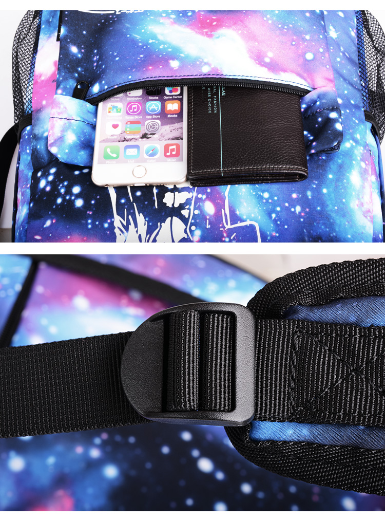 Hot Unisex Fashion Galaxy Anime Mochila luminosa Mochila de la escuela al aire libre con puerto USB Charing Port