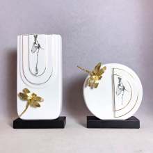 Luxury Modern White Ceramic Vases with Brass Dragonfly for Living Room