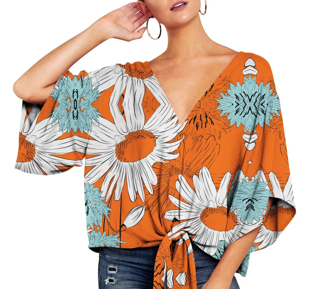 New Season Design Floral Print OEM Women Tops Wholesal Oversized Batwing Women Trendy V Neck Top