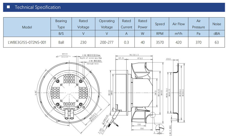 155mm EC Voltage PWM speed control continuously Speed High air volume centrifugal ventilation fan blower