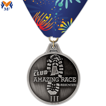 Custom silver metal race medals and ribbons