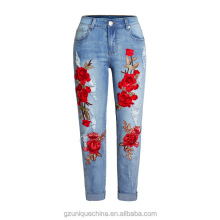 Ladies High Waisted Rose Floral Embroidered Denim Pants