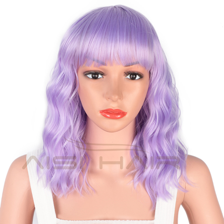 Aisi Hair Wholesale Top Quality Purple Short Bob Wig With Neat Bangs Synthetic Cosplay Short Curly Wave Wigs For Black Women
