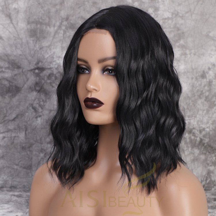 Aisi Beauty Wholesale 16 Inch Short Wavy Black Cheap Bob For Black Women Swiss Lace Front Synthetic Hair Wigs