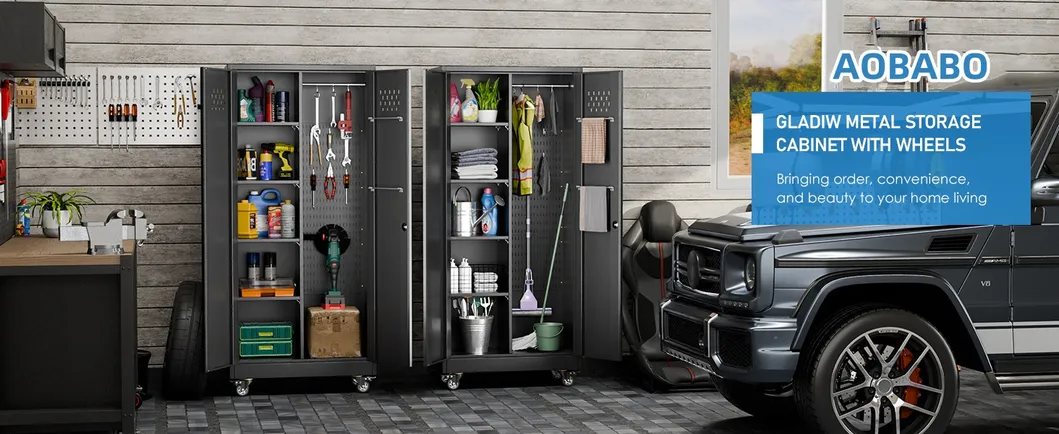 Rolling Tool Cabinet Metal Storage Cabinet with Doors & 4 Adjustable Shelves
