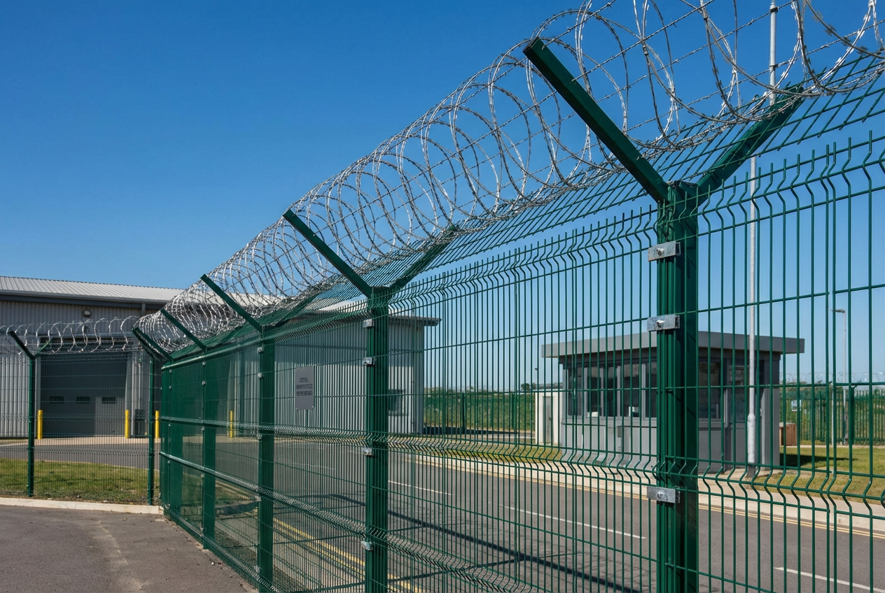 Installazione rasoio anti-scalata Completed installation of anti-climb fence with razor wire topping securing a critical facility perimeter