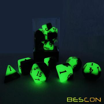 Ensemble de 7 dés polyédriques lumineux bicolores Bescon Green Dawn, ensemble de dés RPG lumineux d4 d6 d8 d10 d12 d20 d%, emballage de boîte en brique