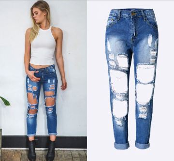 RM1608 Women's Destroyed Hole Denim Pencil Pants
